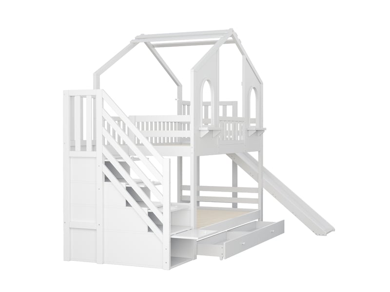 Lit superposé enfant style maisonnette blanc 90x200 cm, échelle rangement, toboggan et tiroirs - Conforama D