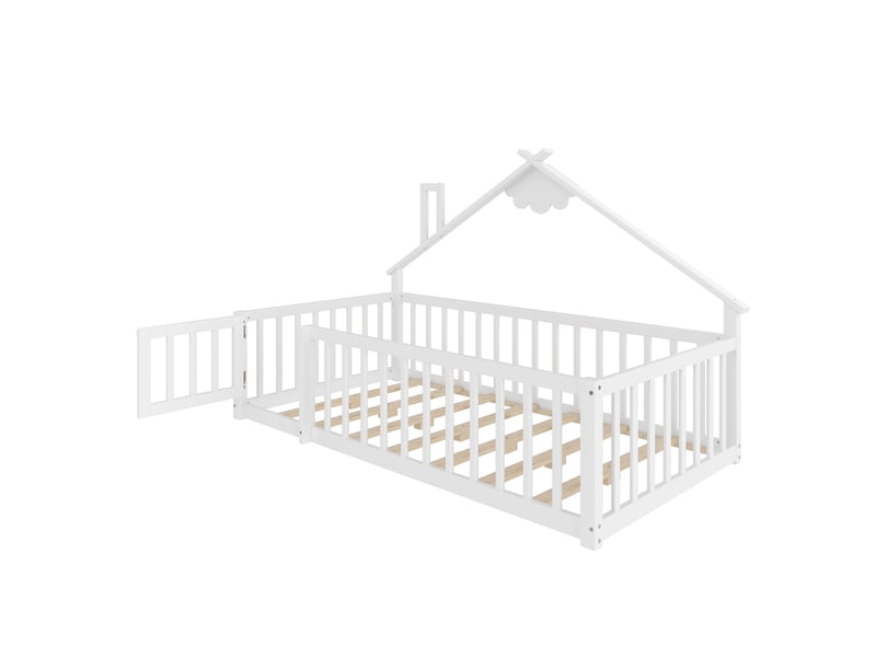  Lit enfant 90x190 cm en pin blanc, style maison, barrières avec fermeture, design sécurisé  - Conforama E
