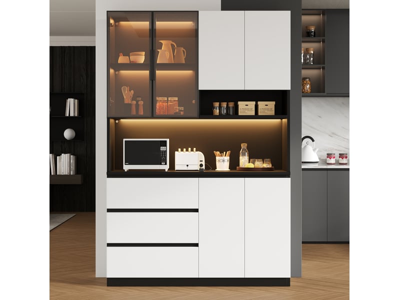  Buffet de cuisine 120,5x40x180 cm blanc noir en panneau de particules et verre, 3 tiroirs, 6 portes, led  - Conforama B