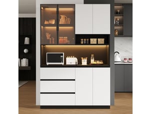 Buffet de cuisine 120,5x40x180 cm blanc noir en panneau de particules et verre, 3 tiroirs, 6 portes, led