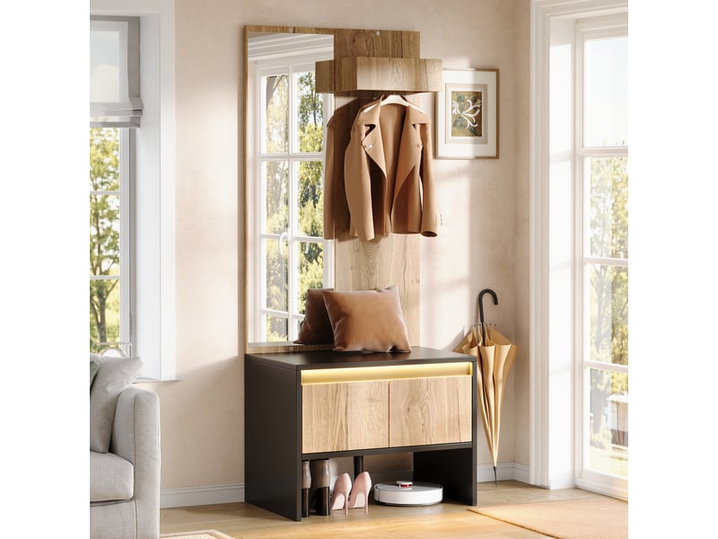 Vestiaire d'entrée avec banc à chaussures, miroir et 2 tiroirs, meuble d'entrée noir et bois 60x38x145 cm - Conforama D