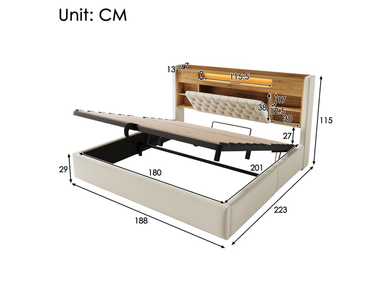 Cadre de lit 180x200 cm en lin avec coffre hydraulique, led et ports usbusb-c beige chicfurn - Conforama D