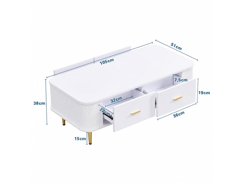  Table basse blanche en mdf avec 4 tiroirs et côtés ondulés, 105 x 51 x 38 cm  - Conforama C
