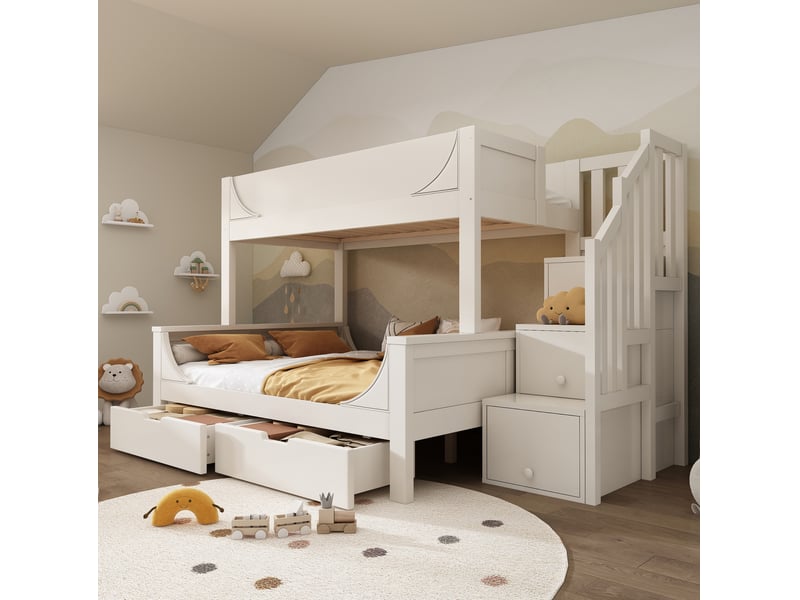 Lit superposé enfant blanc avec escalier-rangement, tiroirs et couchages 90 x 200 cm et 140 x 200 cm  - Conforama C