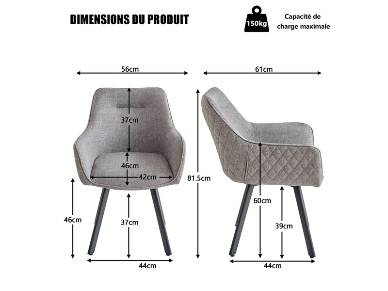  Lot de 4 chaises pivotante à 360°, chaise salle à manger moderne, chaises à haut dossier en motif en losanges, cuisine en lin, gris clair  - Conforama E