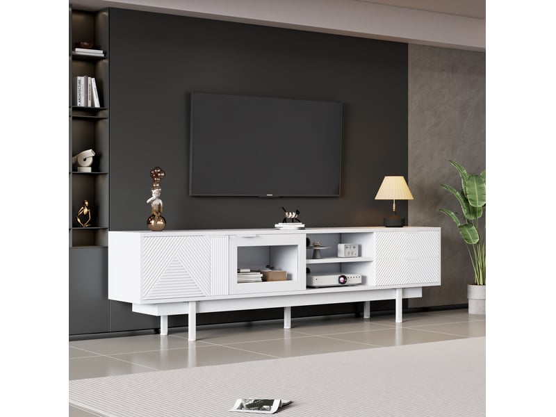  Meuble tv 200x40x50,5cm, 2 portes, 2 tiroirs et 1 étagère, conception de la ligne, moderne, structure aggloméré, blanc  - Conforama B