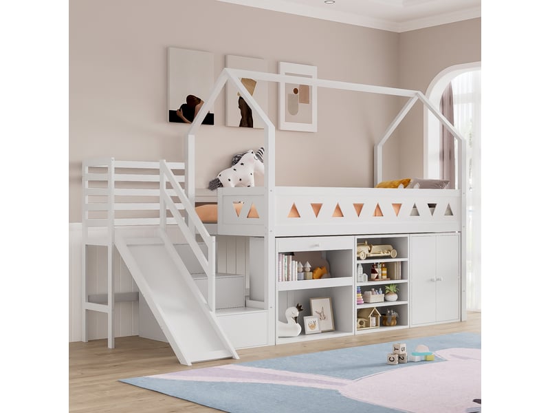  Lit enfant avec toboggan et escalier, lit simple 90x200 cm en bois massif, lit enfant avec armoire et tiroirs de rangement, blanc.  - Conforama W