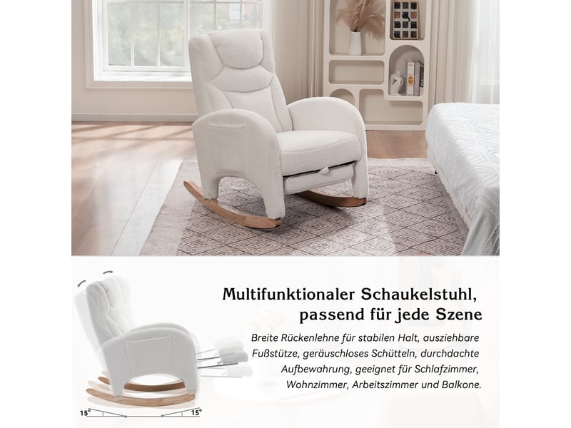  Fauteuil à bascule en tissu teddy blanc avec repose-pieds pliable  - Conforama E