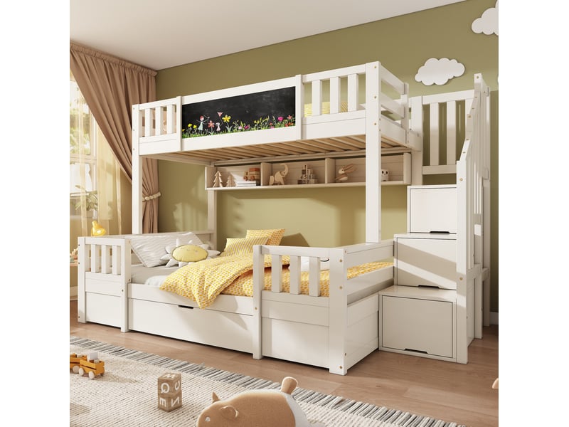  Lit superposé 90x200cm+140x200cm avec tableau noir escalier coffre, 2 tiroirs, bois et mdf, blanc, sans matelas  - Conforama B