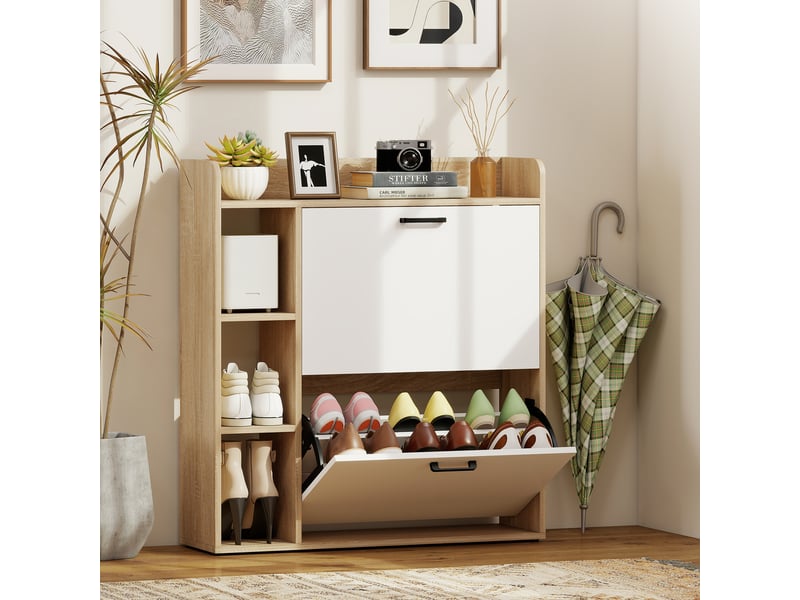 Meuble à chaussures 15 paires, armoire à chaussures moderne avec 2 tiroirs rabattables, 83x24x90,5cm, effet bois naturel - Conforama C