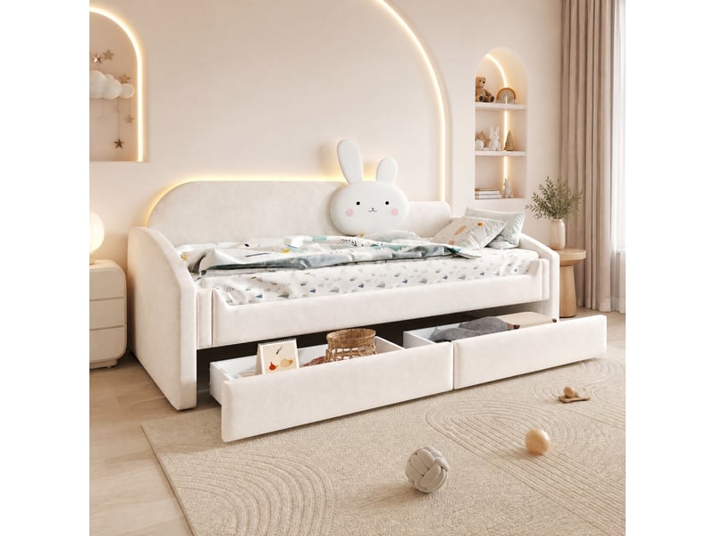  Lit enfant 90 x 200 cm avec rangement, éclairage led, coussin lapin et accoudoirs rembourrés, velours beige  - Conforama C