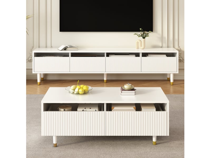 Ensemble meuble tv et table basse avec led, mdf blanc et détails dorés - Conforama C