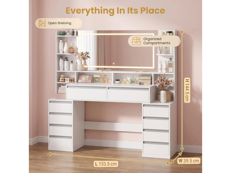  Grand meuble-lavabo de 134,6 cm avec grand miroir, blanc, 10 tiroirs  - Conforama C