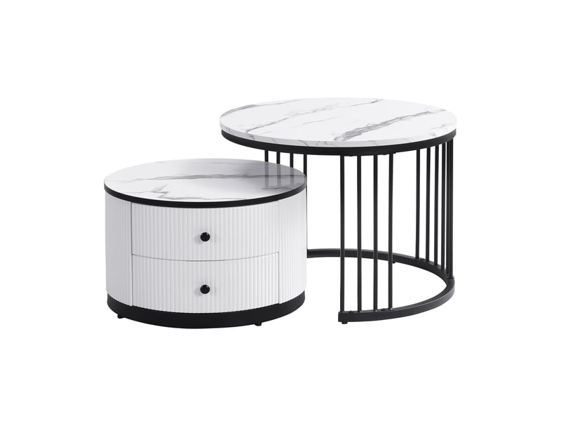  Élégant ensemble de 2 tables basses gigognes blanches, 60 x 60 x 45,5 cm et 50 x 50 x 32 cm, tables rondes aspect marbre brillant, 2 tiroirs, capacité de charge jusqu'à 30 kg, combinaison de tables basses gigognes  - Conforama A