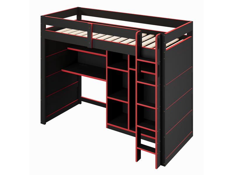  Lit surélevé 90x200 cm style gamer, bureau intégré, penderie, espaces de rangement, éclairage led, usb, noir rouge  - Conforama A