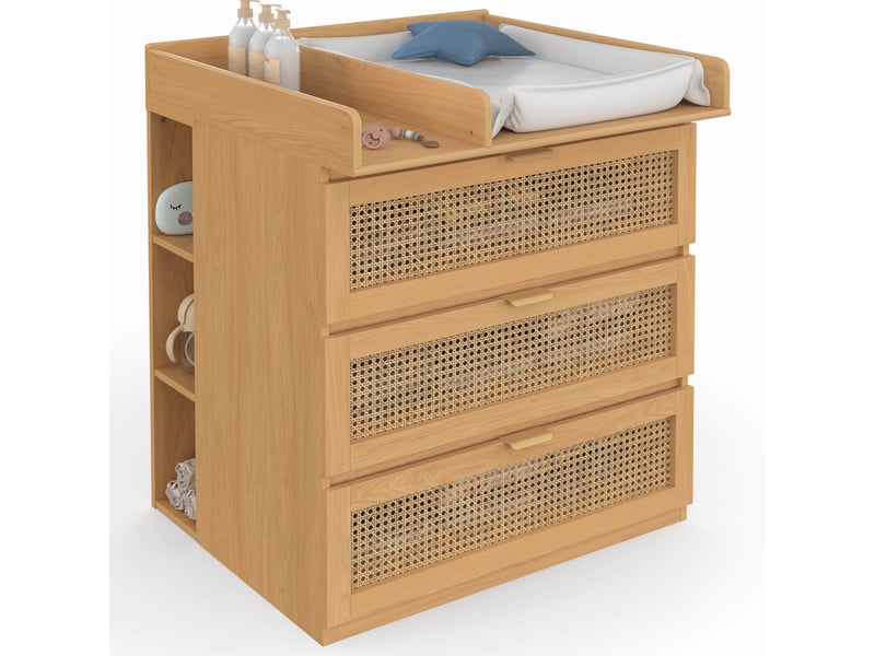  Commode à langer évolutive edhen bois et cannage 3 tiroirs, table à langer et 2 étagères amovibles  - Conforama A