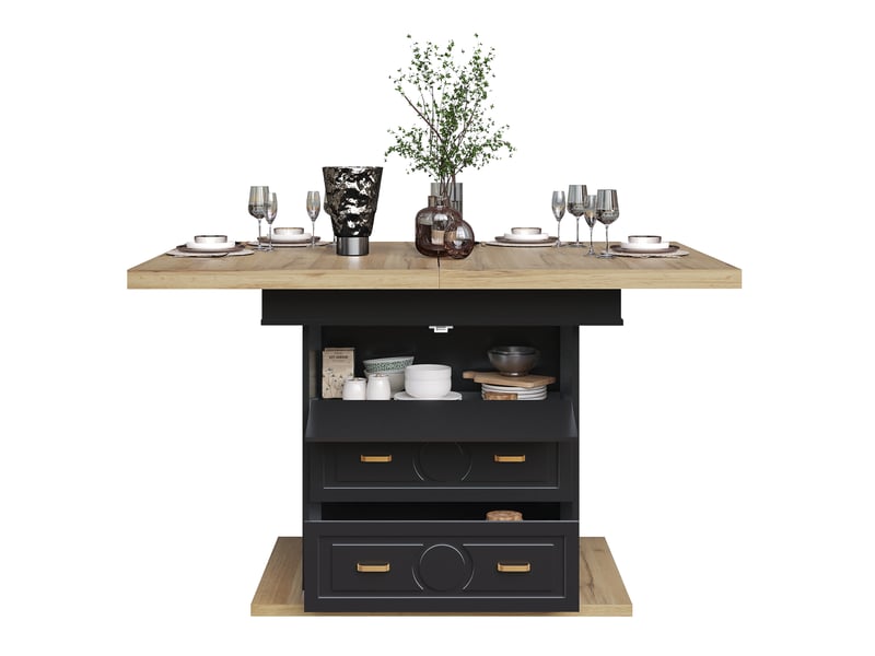  Table de salle à manger pour 6 personnes avec 2 tiroirs, 1 compartiment fermé et plateau extensible, décor bois  - Conforama A