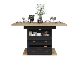 Table de salle à manger pour 6 personnes avec 2 tiroirs, 1 compartiment fermé et plateau extensible, décor bois