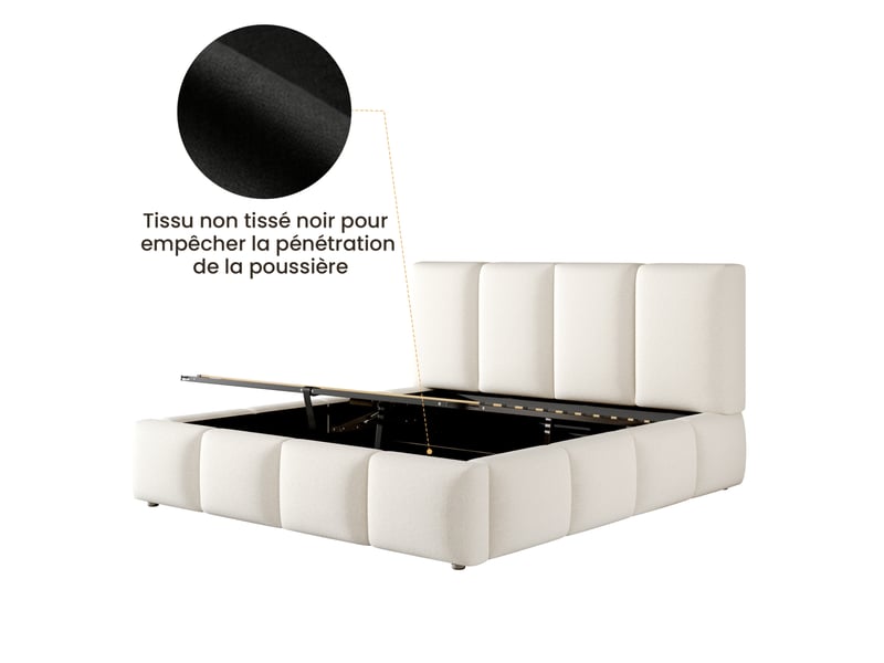  Lit coffre 180x200 cm hydraulique, lit 2 places, tissu couleur blanc, bois, sans matelas, design moderne  - Conforama E