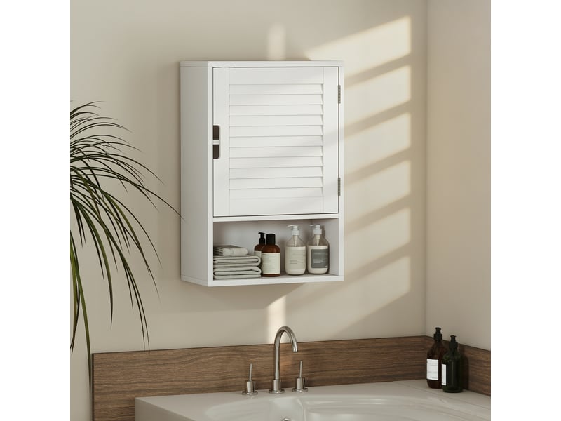  Armoire murale salle de bain blanche 40 x 20 x 60 cm, porte à persiennes et compartiment ouvert  - Conforama D