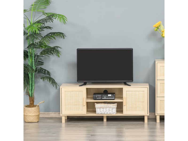  Meuble tv banc tv 2 niches 2 placards porte cannage en rotin dim. 115l x 40l x 48h cm mdf aspect bois clair  - Conforama D