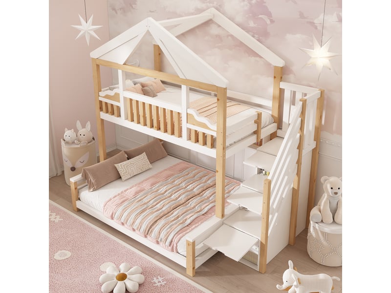  Lit superposé enfant 90×200 + 140×200 cm maison en bois avec toit diamant, escalier coffre, étagères murales et sommier - blanc et bois naturel  - Conforama B