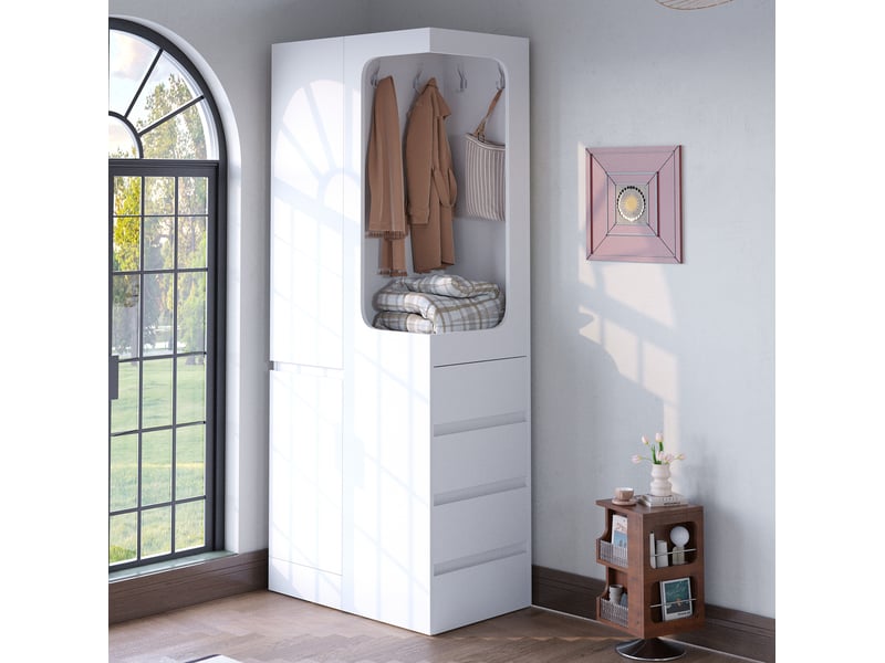  Armoire 2 portes 70x40x170 cm, espace penderie ouvert, 2 tiroirs, bois, couleur blanc, design moderne et minimaliste  - Conforama D