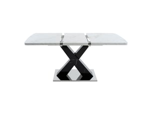 Table à manger rectangulaire extensible 120-160 cm, plateau marbre blanc imprimé, piètement x noir mdf, base métal