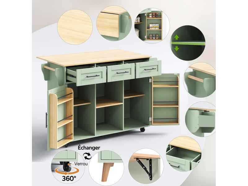 Desserte de cuisine 139x46-71x91,5 cm vert antique en mdf, plateau rabattable, roulettes et rangement - Conforama E
