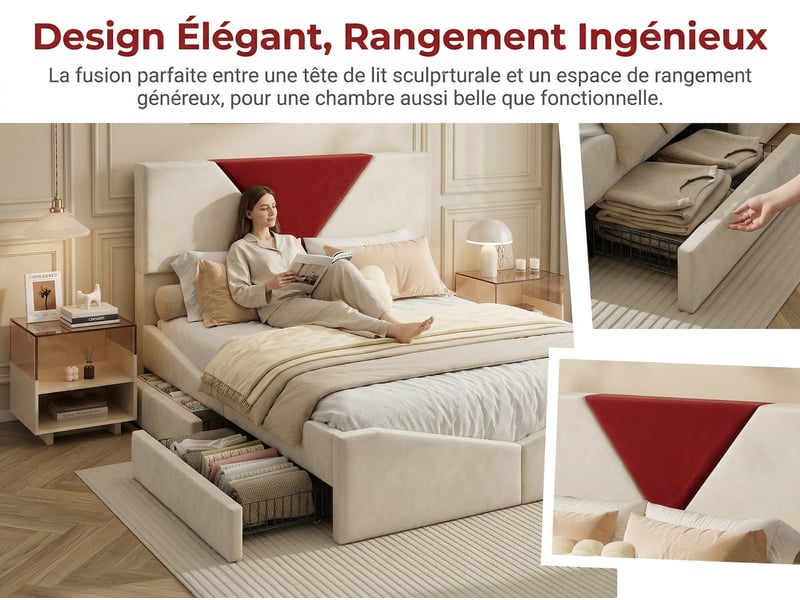  Lit 140x200 cm - rangement - lit coffre tissu - tête de lit 2 placese bicolore - sommier à lattes inclus  - Conforama E