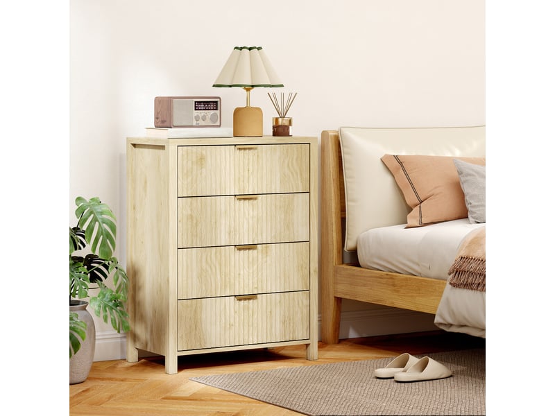 Commode à 4 tiroirs rainurés et poignées dorées, 70 x 38 x 93 cm, bois naturel  - Conforama D