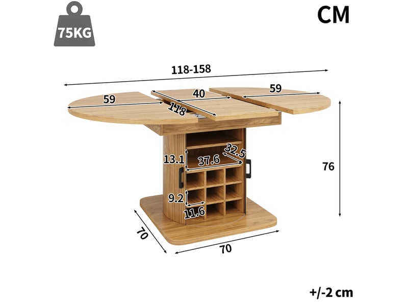 Table à manger extensible avec rangement 118-158x118x76 cm mdf brun clair - Conforama C