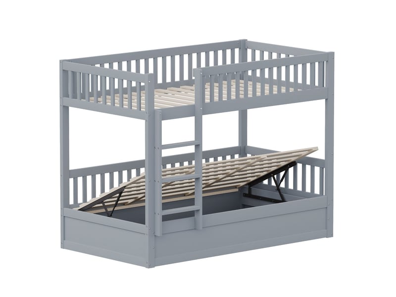  Lit superposé enfant 90x200, sécurité renforcée lit superposé, structure bois massif, système rangement hydraulique, sommier inclus  - Conforama D