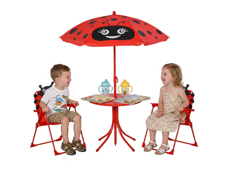 Ensemble de jardin 4 pièces pour enfants avec 2 chaises pliantes, un parasol et une table ronde, en acier et tissu oxford, rouge. - Conforama A