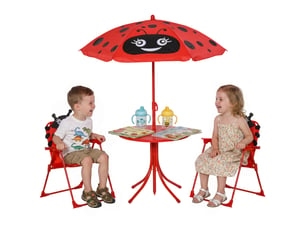 Ensemble de jardin 4 pièces pour enfants avec 2 chaises pliantes, un parasol et une table ronde, en acier et tissu oxford, rouge.