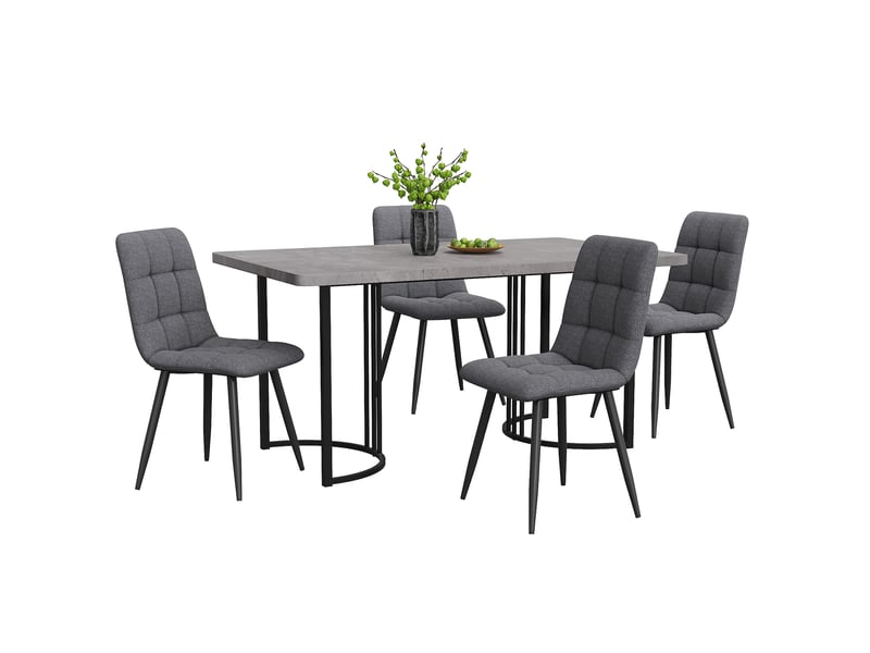  Ensemble table et chaises, table 140x80x75 cm, pieds métal noir, plateau mdf gris, meuble chambre, 4 chaises lin, gris  - Conforama A