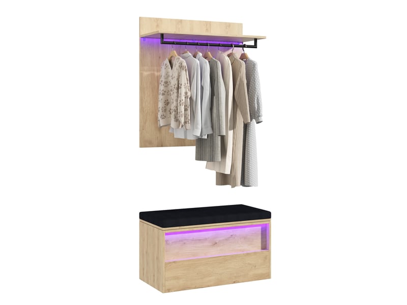  Set d'entrée avec porte-manteau mural et banc à chaussures 90x47x145 cm, led, mdf, bois clair, meuble d'entrée  - Conforama A