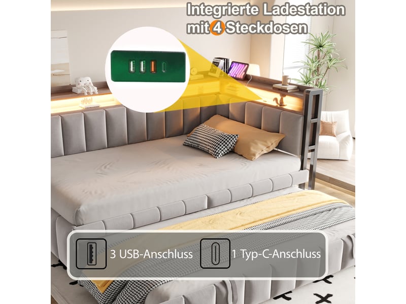  Lit banquette extensible en velours 90x200 cm avec lit gigogne, éclairage led, usb-c et rangements intégrés tête de lit - gris clair  - Conforama E