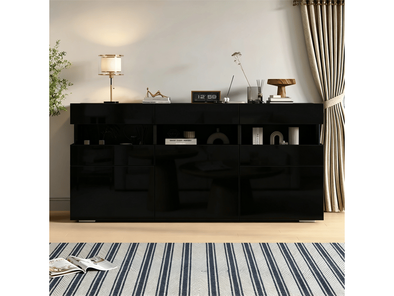Buffet noir brillant 140 cm meuble salon avec led 3 portes acrylique - Conforama B