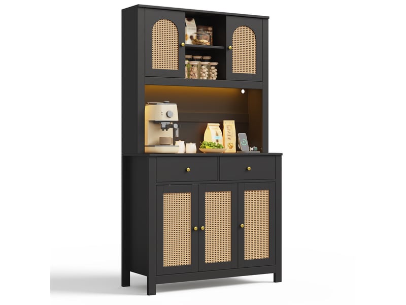 Buffet haut de cuisine 100 x 40 x 180 cm – noir – éclairage led rgb, 5 portes en rotin, 2 tiroirs et prises  - Conforama A