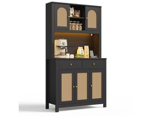 Buffet haut de cuisine 100 x 40 x 180 cm – noir – éclairage led rgb, 5 portes en rotin, 2 tiroirs et prises