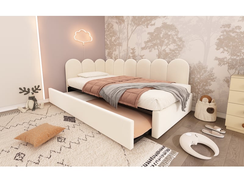  Lit gigogne 90x200 cm avec lit secondaire 90x190 cm - gain de place pour enfant - velours beige - sans matelas  - Conforama D