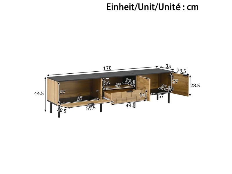  Meuble tv modenvie 170 x 35 x 44,5 cm 2 portes tiroir niche ouverte décor bois naturel et noir  - Conforama C