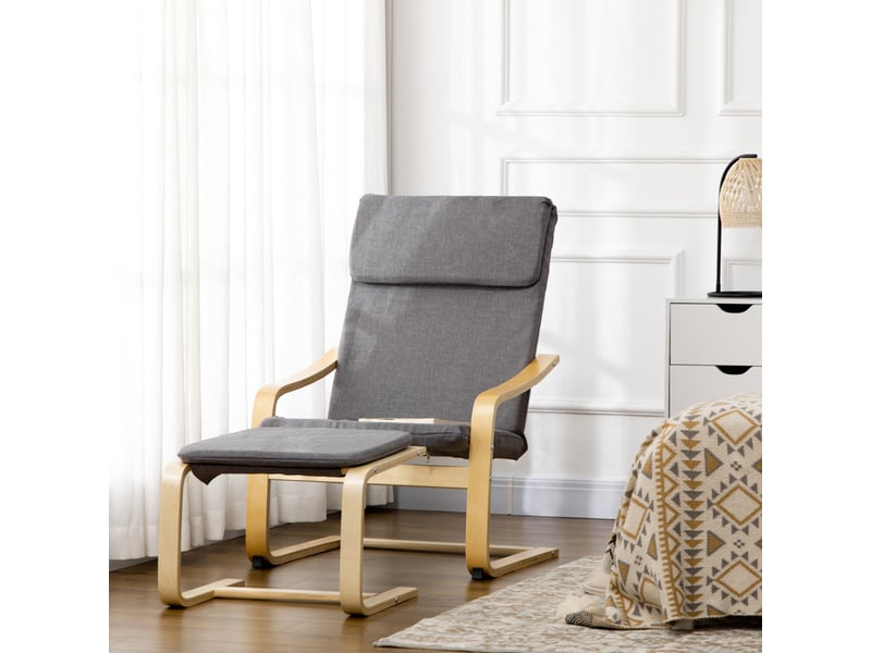  Fauteuil avec repose-pieds, ensemble fauteuil, aspect lin, bois massif, gris et naturel  - Conforama C