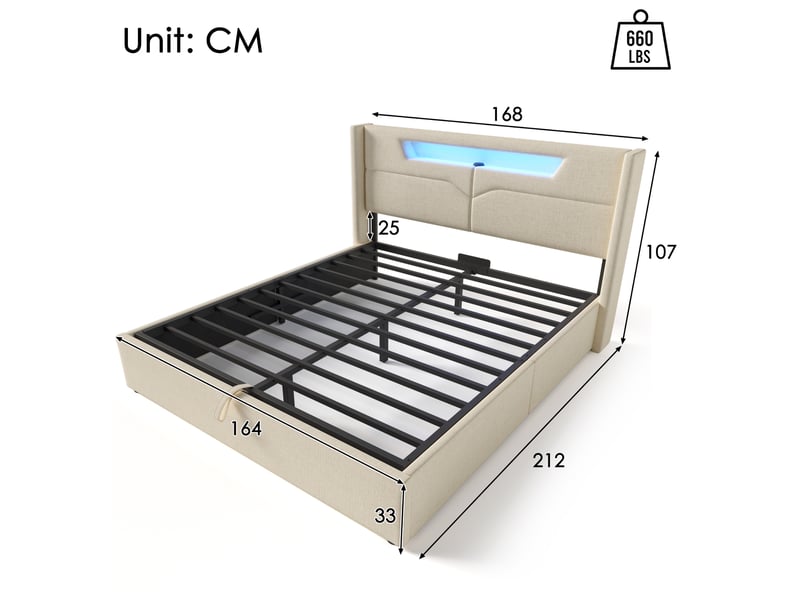  Lit capitonné, lit double 160x200 cm, led, usbusb-c, sommier à lattes, lin beige, matelas inclus  - Conforama R
