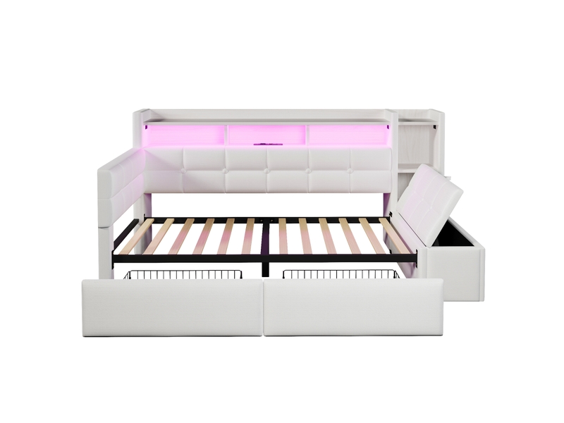 Lit de jour 90x190 cm en velours avec 2 tiroirs, led, usb et usb-c blanc chicfurn  - Conforama E
