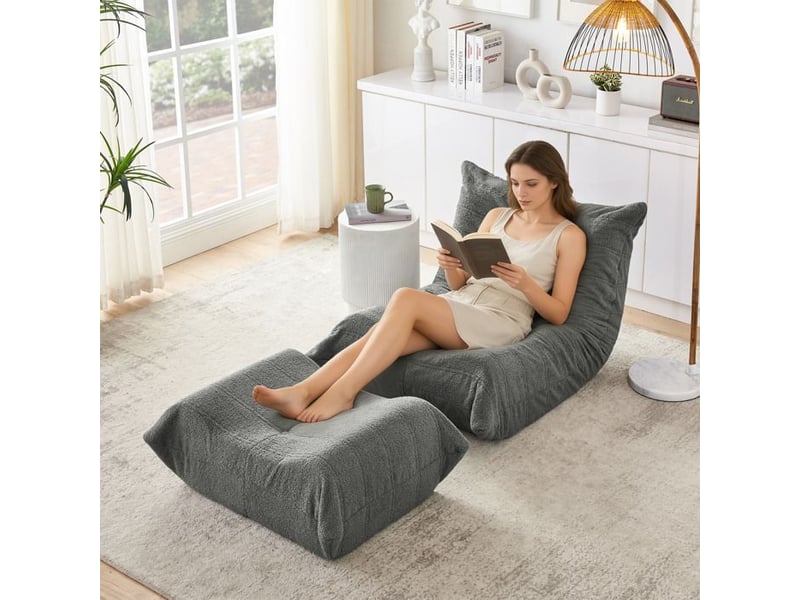  Fauteuil relax en tissu peluche - gris - mousse haute densité - dossier inclinable - repose-pieds 100x90x70cm - Conforama E