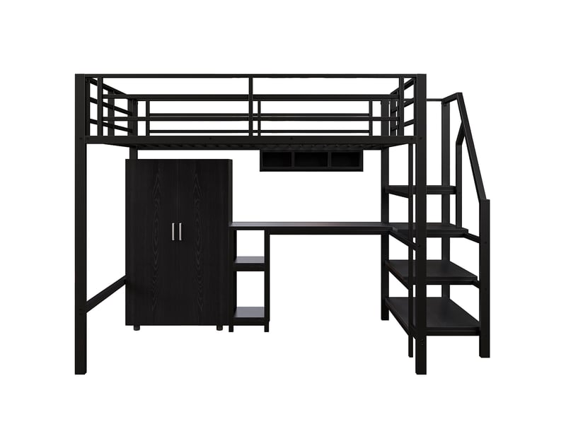 Lit mezzanine noir 140x200 cm avec bureau, armoire, étagères et échelle rangement  - Conforama A