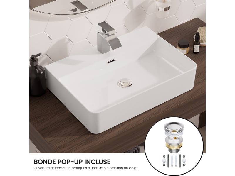Cecipa max lavabo 59 x 43 cm - céramique - rectangulaire - avec bonde pop-up - avec espace de pose - pose sur plan ou fixation murale - blanc - Conforama E