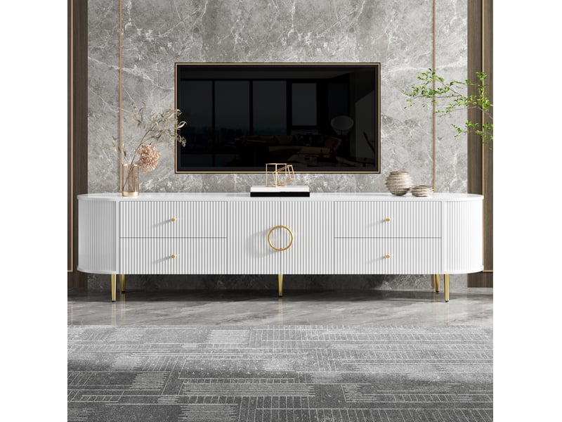  Meuble tv avec 2 tiroirs, double porte, étagère fixe et passe-câble pour salon, 180 × 40 × 38 cm, en mdf blanc  - Conforama B